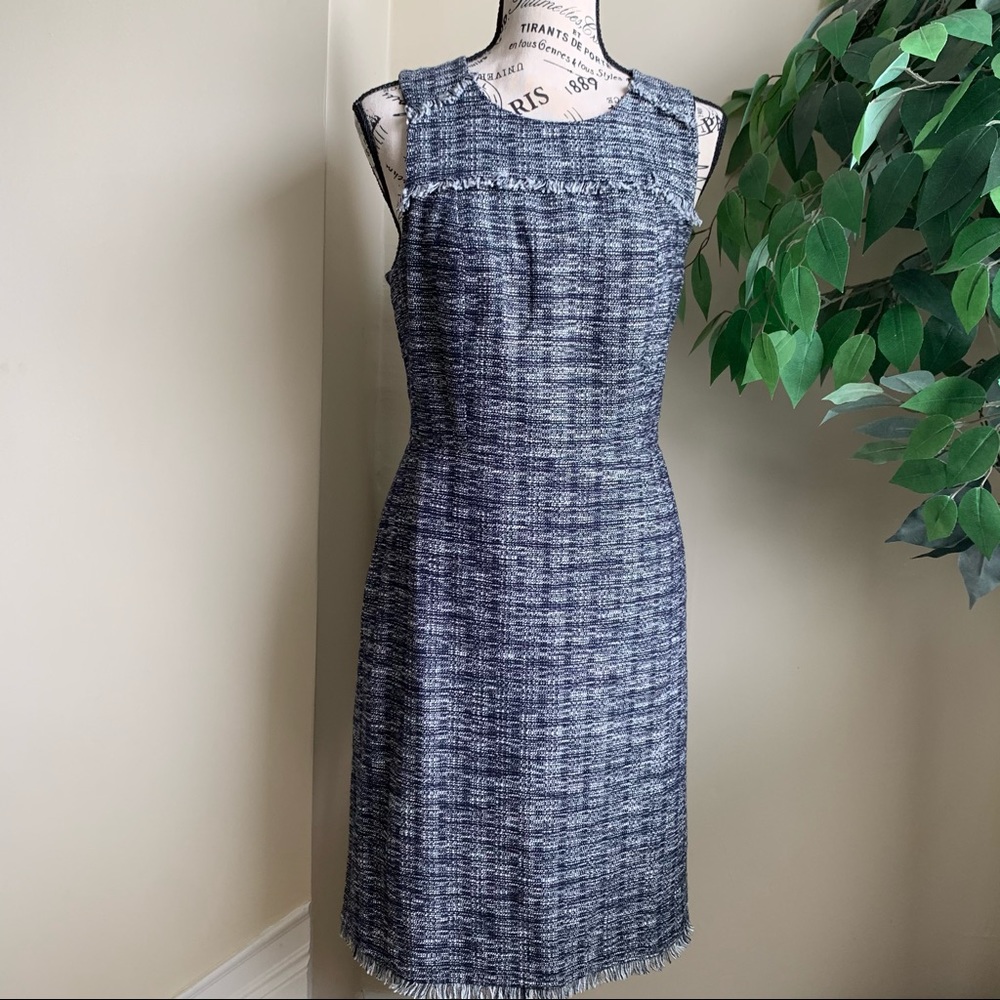 J Crew Factory Tweed Fringe Sleeveless Dress Blue Sz 4